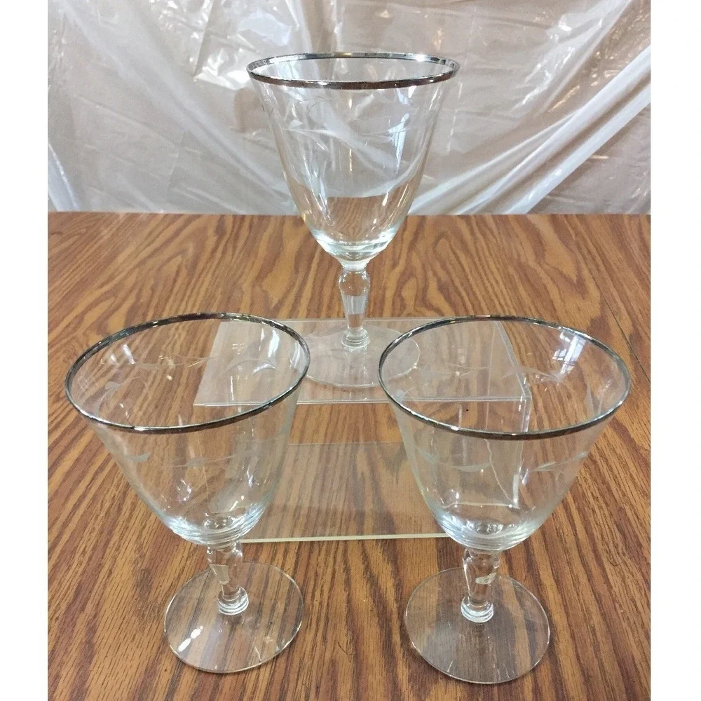 Vintage MCM Etched Wine Glasses Silver Rim Floral Stemware 3 Lot Barware Elegant
